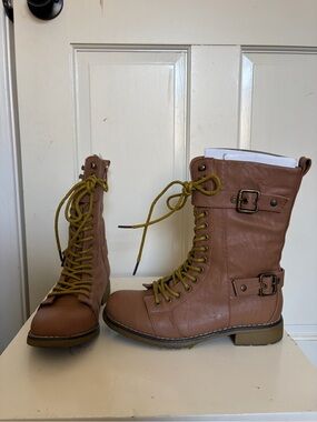 Cathy Jean Brown Lace-Up Combat Boots with Buckle Accents